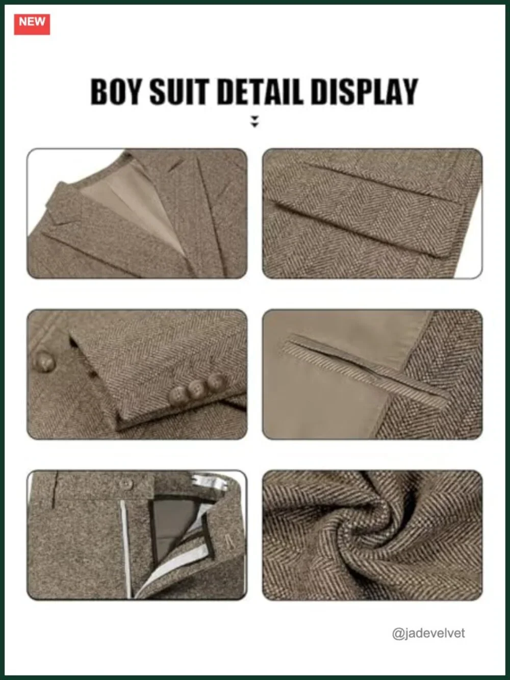5-Piece Tweed Herringbone Suit Set for Boys - Jacket, Vest, Pants, Shirt, Tie